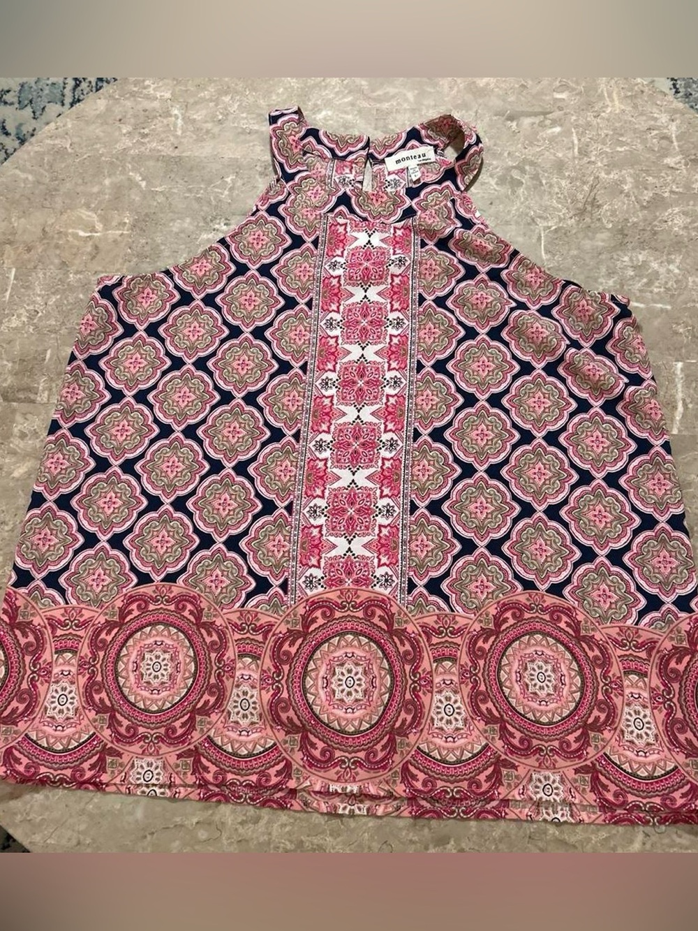 Monteau Pink Navy Patterned Sleeveless Halter Top